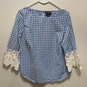 Liz Claiborne Blue Gingham Blouse with White Lace